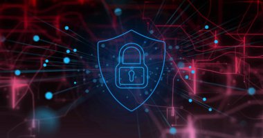 Siyah arkaplan üzerinde asma kilit simgesi olan bir kalkan görüntüsü. Küresel bağlantılar, hesaplama, çevrimiçi güvenlik ve dijital arayüz konsepti dijital olarak oluşturuldu.