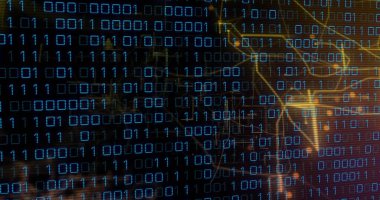 Bağlantılar üzerinden ikili kodlama ve dijital veri işleme resmi. Dijital olarak oluşturulmuş küresel bağlantılar, hesaplama ve veri işleme kavramı.