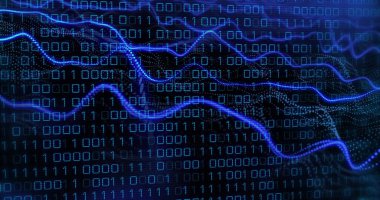 Siyah arkaplan üzerinde ikili kodlama ve dijital veri işleme resmi. Dijital olarak oluşturulmuş küresel bağlantılar, hesaplama ve veri işleme kavramı.