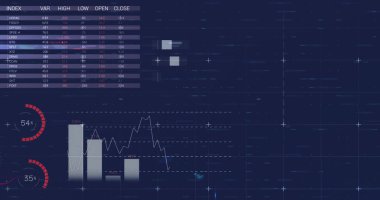 Mavi arka planda finansal veri işleme resmi. Küresel finans, iş, bağlantılar, hesaplama ve veri işleme kavramı dijital olarak oluşturuldu.