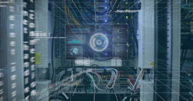 Bilgisayar sunucuları üzerinden finansal veri işleme resmi. Küresel finans, iş, bağlantılar, hesaplama ve veri işleme kavramı dijital olarak oluşturuldu.