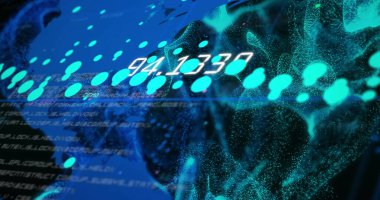 Mavi dünya haritası üzerinde veri akışı işleme görüntüsü ve siyah arkaplan üzerinde ağ dalgaları. Bağlantı, veri, işleme, dijital arayüz ve küresel iletişim, dijital olarak oluşturulmuş görüntü.