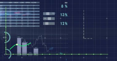 Mavi arka planda finansal veri işleme resmi. Küresel finans, iş, bağlantılar, hesaplama ve veri işleme kavramı dijital olarak oluşturuldu.