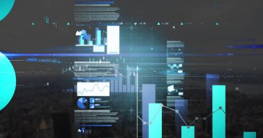 Şehir manzarası üzerindeki veri işleme ve diyagramlarının resmi. Küresel iş ve dijital arayüz kavramı dijital olarak oluşturulmuş görüntü.