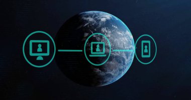 Dünyanın dört bir yanında ikonlar ve finansal veri işleme imgeleri. Küresel finans, iş, bağlantılar, hesaplama ve veri işleme kavramı dijital olarak oluşturuldu.