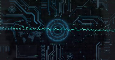 Devre kartından finansal veri işleme resmi. Küresel finans, iş, bağlantılar, hesaplama ve veri işleme kavramı dijital olarak oluşturuldu.