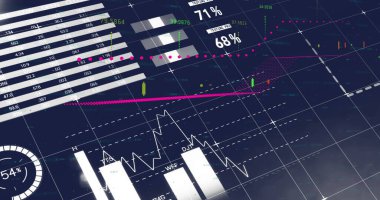 Mavi arka planda finansal veri işleme resmi. Küresel finans, iş, bağlantılar, hesaplama ve veri işleme kavramı dijital olarak oluşturuldu.