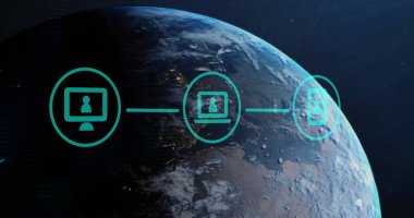 Dünyanın dört bir yanında ikonlar ve finansal veri işleme imgeleri. Küresel finans, iş, bağlantılar, hesaplama ve veri işleme kavramı dijital olarak oluşturuldu.