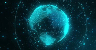 Veri noktaları ve çizgileriyle dönen dijital küre, gelecekteki ağ görüntüsü. teknoloji, bağlantılar, dünya, bilgi, siber, iletişim