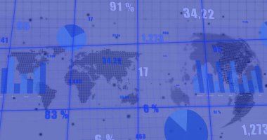 Dünya haritası ve küresi üzerinde finansal veri işleme resmi. Küresel finans, iş, bağlantılar, hesaplama ve veri işleme kavramı dijital olarak oluşturuldu.