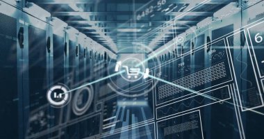 Bilgisayar sunucuları üzerinden veri işleme resmi. Küresel finans, iş, bağlantılar, hesaplama ve veri işleme kavramı dijital olarak oluşturuldu.