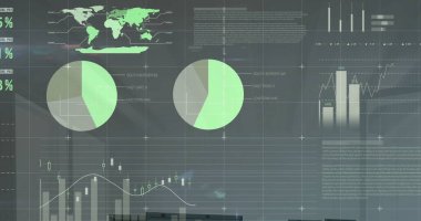 Beyaz ofis üzerinden finansal veri işleme görüntüsü. Küresel meşgul, hesaplama, finans ve dijital arayüz konsepti dijital olarak oluşturuldu.