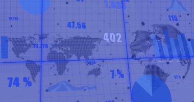 Dünya haritası üzerinde finansal veri işleme resmi. Küresel finans, iş, bağlantılar, hesaplama ve veri işleme kavramı dijital olarak oluşturuldu.