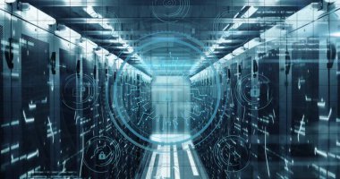 Bilgisayar sunucuları üzerinden siber güvenlik metni ve dijital veri işleme resmi. Çevrimiçi güvenlik, bağlantılar, hesaplama ve veri işleme kavramı dijital olarak oluşturuldu.