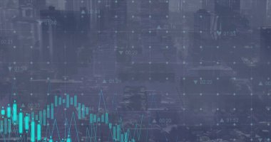 Şehir manzarası üzerinde finansal veri işleme resmi. Küresel finans, iş, bağlantılar, hesaplama ve veri işleme kavramı dijital olarak oluşturuldu.