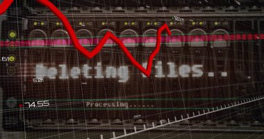 Bilgisayar sunucuları üzerinde kırmızı çizgi ve dijital veri işleme resmi. Dijital olarak oluşturulmuş küresel bağlantılar, hesaplama ve veri işleme kavramı.