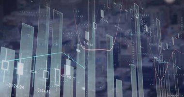 Karanlık arka planda finansal bilgisayar veri işleme görüntüsü. Küresel finans, iş, bağlantılar, hesaplama ve veri işleme kavramı dijital olarak oluşturuldu.