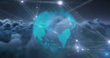 Gökyüzü ve bulutlar üzerindeki dünya ile bağlantı ağının görüntüsü. Küresel bağlantılar, hesaplama ve dijital arayüz konsepti dijital olarak oluşturuldu.