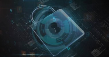 Güvenlik metni üzerinden asma kilit ve veri işleme resmi. Küresel siber güvenlik, bağlantılar, hesaplama ve veri işleme kavramı dijital olarak oluşturuldu.