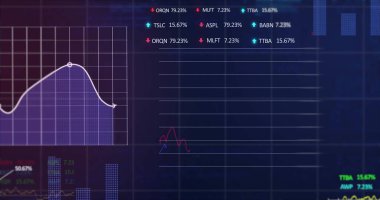Mavi arkaplanda şema ve veri işleme resimleri. Teknoloji ve dijital arayüz kavramı dijital olarak oluşturuldu.