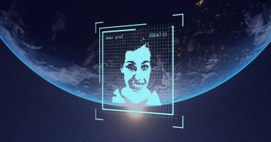 Image of biometric photo and digital data processing over globe. Global finance, business, connections, computing and data processing concept digitally generated image. clipart