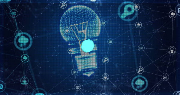 Изображение цифровой обработки данных с соединениями через лампочку. Концепция глобальных соединений, вычислений и обработки данных.