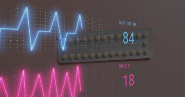 Image of data and cardiographs over pills. Technology, medicine and digital interface concept digitally generated image. clipart