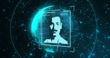 Parlayan dünyanın üzerindeki dijital portre, geleceksel veri görselleştirme görüntüsü. Teknoloji, yenilik, siber uzay, holografi, ağ oluşturma, sanal gerçeklik