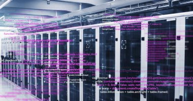 Bilgisayar sunucuları üzerinden veri işleme resmi. Küresel iş, finans, hesaplama ve veri işleme kavramı dijital olarak oluşturulmuş görüntü.