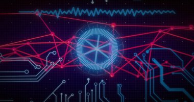 Dijital devre kartı ve veri ağı resmi mavi ve kırmızı çizgiler üzerinde. Teknoloji, bağlantı, elektronik, soyut, fütüristik, iletişim