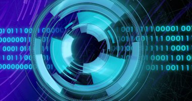 İkili kodlama ve geometrik şekillerle dönen dijital arayüz, geleceksel görüntü. Teknoloji, siber, veri, matris, sanal, teknoloji