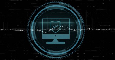 Siyah arkaplan üzerinde kalkan simgesi ve veri işleme resmi. Küresel siber güvenlik, bağlantılar, hesaplama ve veri işleme kavramı dijital olarak oluşturuldu.