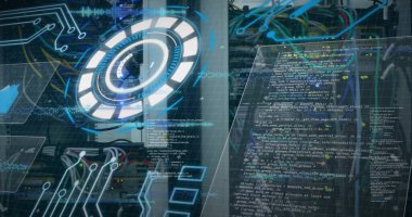 Sunucu odasındaki tarama ve veri işleme görüntüsü. Küresel teknoloji, bilgisayar ve dijital arayüz kavramı dijital olarak oluşturulmuş görüntü.