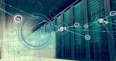 Veri işleme resmi, bilgisayar sunucuları üzerinden dünya simgeleri ile bağlantı ağı. Küresel siber güvenlik, bağlantılar, hesaplama ve veri işleme kavramı dijital olarak oluşturuldu.