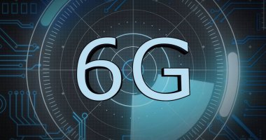 6 G metin resmi, bilgisayar devre kartında dijital veri işleme. Dijital olarak oluşturulmuş küresel bağlantılar, hesaplama ve veri işleme kavramı.