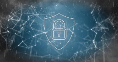 Görüntü ve asma kilit fırtınada kalkanda. Teknoloji, sosyal medya ve dijital arayüz kavramı dijital olarak oluşturuldu.