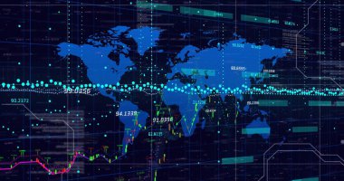 Borsa grafikleri üzerinden finansal veri işleme görüntüsü olan dünya haritası. Finans, veri görselleştirme, küresel, analitik, ekonomi, yatırım