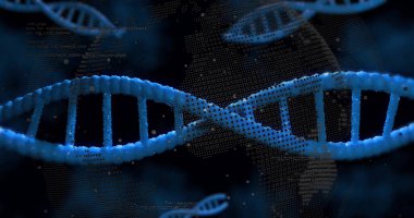 DNA iplikleri ve küresel dönüşler üzerinde bilimsel veri işleme görüntüsü. küresel bilim, bağlantılar, hesaplama ve veri işleme kavramı dijital olarak oluşturulmuş görüntü.