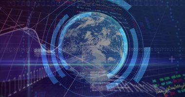 Küresel görüntü, karanlık arka planda tarama kapsamı üzerinde dijital veri işleme. Dijital olarak oluşturulmuş küresel bağlantılar, hesaplama ve veri işleme kavramı.