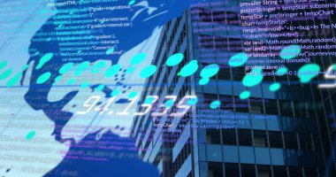 Dünya haritası ve şehir manzarası üzerinde dijital veri işleme resmi. Dijital olarak oluşturulmuş küresel bağlantılar, hesaplama ve veri işleme kavramı.