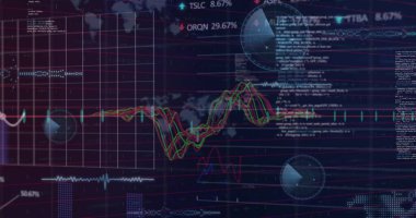 Siyah arka planda finansal veri işleme resmi. Küresel iş, finans, iletişim ve dijital arayüz kavramı dijital olarak oluşturulmuş görüntü.