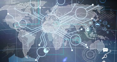 Dünya haritası ve medya simgeleri üzerindeki bağlantı ağının resmi. Küresel teknoloji ve dijital arayüz konsepti dijital olarak oluşturuldu.