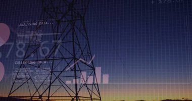 Elektrik direğinin üzerindeki veri işleme görüntüsü. Güç, ekoloji, bilgisayar ve dijital arayüz kavramı dijital olarak oluşturulmuş görüntü.