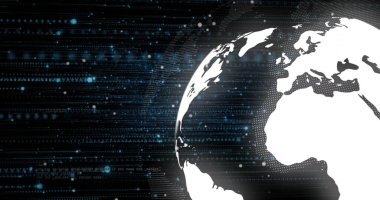 Dönen kürede hareket eden mavi noktaların resmi. İş, teknoloji ve dijital arayüz kavramı dijital olarak oluşturuldu.