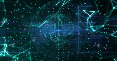 Siyah arkaplanda dünya üzerindeki noktalarla olan bağlantı ağının görüntüsü. Küresel teknoloji, bağlantılar, çevrimiçi güvenlik ve dijital arayüz kavramı dijital olarak oluşturulmuş görüntü.