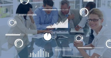 Ofiste çalışan çeşitli profesyoneller üzerinde iş veri analizi imajı. teknoloji, takım çalışması, işbirliği, grafikler, istatistik, kurumsal