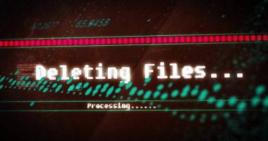 Metin ve sayısal veriler kırmızı ilerleme çubuğuyla dijital resim üzerinden işleniyor. Teknoloji, veri analizi, yenilik, arayüz, fütüristik, bilgi