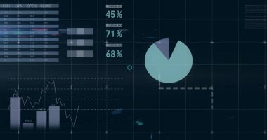 Diyagramlar üzerinden veri işleme resmi ve siyah arkaplanda tarama. Küresel iş, teknoloji ve dijital arayüz kavramı dijital olarak oluşturulmuş görüntü.