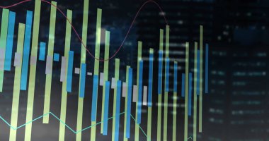 Karanlık şehir manzarası üzerinde finansal veri işleme resmi. küresel bağlantılar, hesaplama ve veri işleme kavramı dijital olarak oluşturulmuş resim.