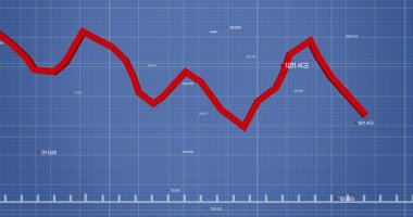 Mavi zemin üzerinde kırmızı çizgi ve finansal veri işleme resmi. Küresel finans, iş, bağlantılar, hesaplama ve veri işleme kavramı dijital olarak oluşturuldu.